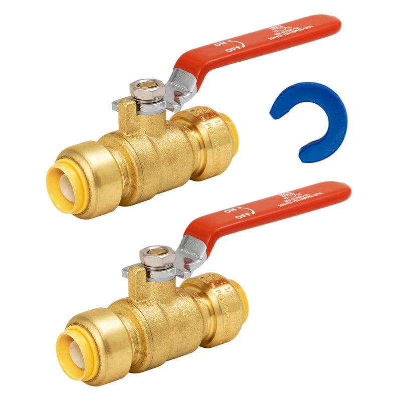 SUNGATOR Ball Valve 1/2 Inch, 1/2" Shut Off Valve, Water Shutoff, No Lead Brass Push-to-Connect Plumbing Fittings for Pex Pipe, Copper, CPVC, with 1 Disconnect Clip, Pack of 2 - Image 1